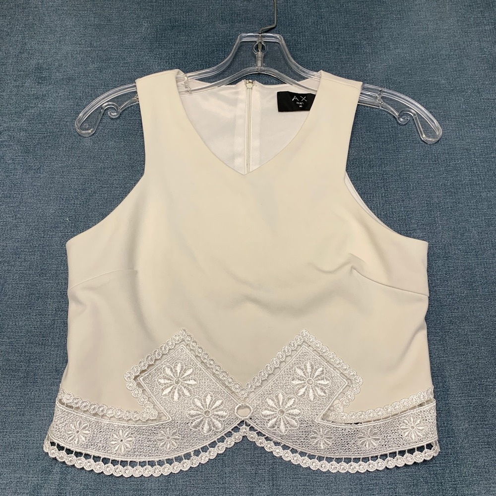 Armani Exchange Crop Top Womens 6 White Eyelet Lace V-Neck Sleeveless Back Zip